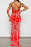 Red Elegant Solid Patchwork Mesh Hot Drill Zipper Spaghetti Strap One Step Skirt Dresses