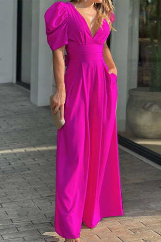 Rose Red Elegant Solid Pocket Fold V Neck Loose Jumpsuits