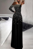 Black Elegant Formal Print Slit Sequined Turtleneck Evening Dress Dresses(Pattern Printing Is Not Sequins)