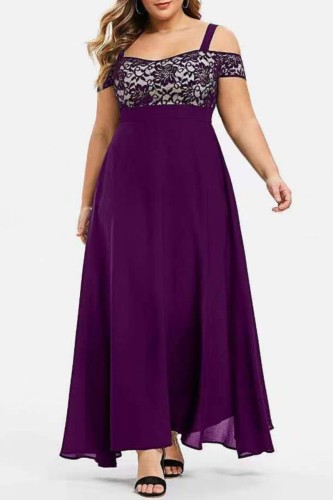 Purple Casual Solid Patchwork Square Collar Long Dress Plus Size Dresses