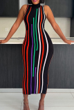 Black Striped Sleeveless Mandarin Collar Slim Fit Casual Vacation Bodycon Maxi Dress