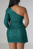 Green Sexy Celebrities Solid Sequins Patchwork One Shoulder Wrapped Skirt Dresses
