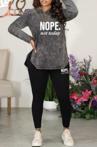Black Casual Letter Print Basic O Neck Long Sleeve Two Pieces