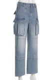 Blue Casual Solid Patchwork High Waist Regular Denim Jeans
