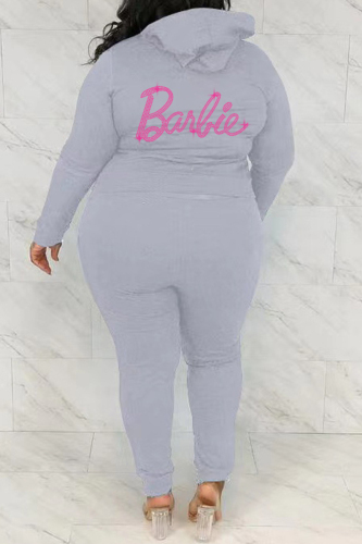 Grey Casual Solid Letter Hot Drill Hooded Collar Plus Size Two Pieces