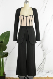 White Casual Patchwork Contrast Square Collar Regular Jumpsuits