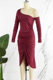 Burgundy Casual Solid Draw String Frenulum Backless Oblique Collar Long Sleeve Dresses