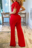 Red Casual Street Solid Hollowed Out Mandarin Collar Regular Jumpsuits