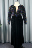 Black Party Formal Patchwork Sequins O Neck Long Dress Dresses