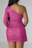 Pink Sexy Celebrities Solid Sequins Patchwork One Shoulder Wrapped Skirt Dresses