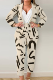 White Elegant Print Patchwork With Belt Turn-back Collar Long Sleeve Two Pieces