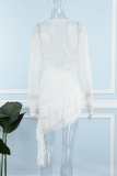 White Sexy Solid See-through Asymmetrical O Neck Long Sleeve Two Pieces
