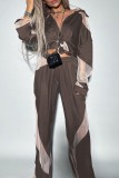 Brown Casual Patchwork See-through Contrast Turndown Collar Long Sleeve Two Pieces