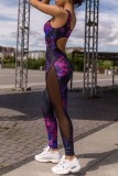 Purple Sportswear Print Hollowed Out Patchwork See-through Backless O Neck Skinny Jumpsuits