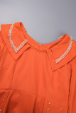 Tangerine Red Casual Solid Patchwork Beading V Neck Wrapped Skirt Plus Size Dresses