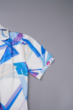 Blue Casual Print Patchwork Turndown Collar Regular Jumpsuits