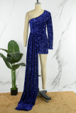 Blue Sexy Patchwork Sequins Backless Oblique Collar Irregular Dress Dresses