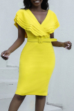 Yellow Casual Solid Patchwork With Belt V Neck Short Sleeve Dress Dresses