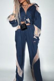 Blue Casual Patchwork See-through Contrast Turndown Collar Long Sleeve Two Pieces