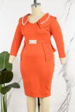 Tangerine Red Casual Solid Patchwork Beading V Neck Wrapped Skirt Plus Size Dresses