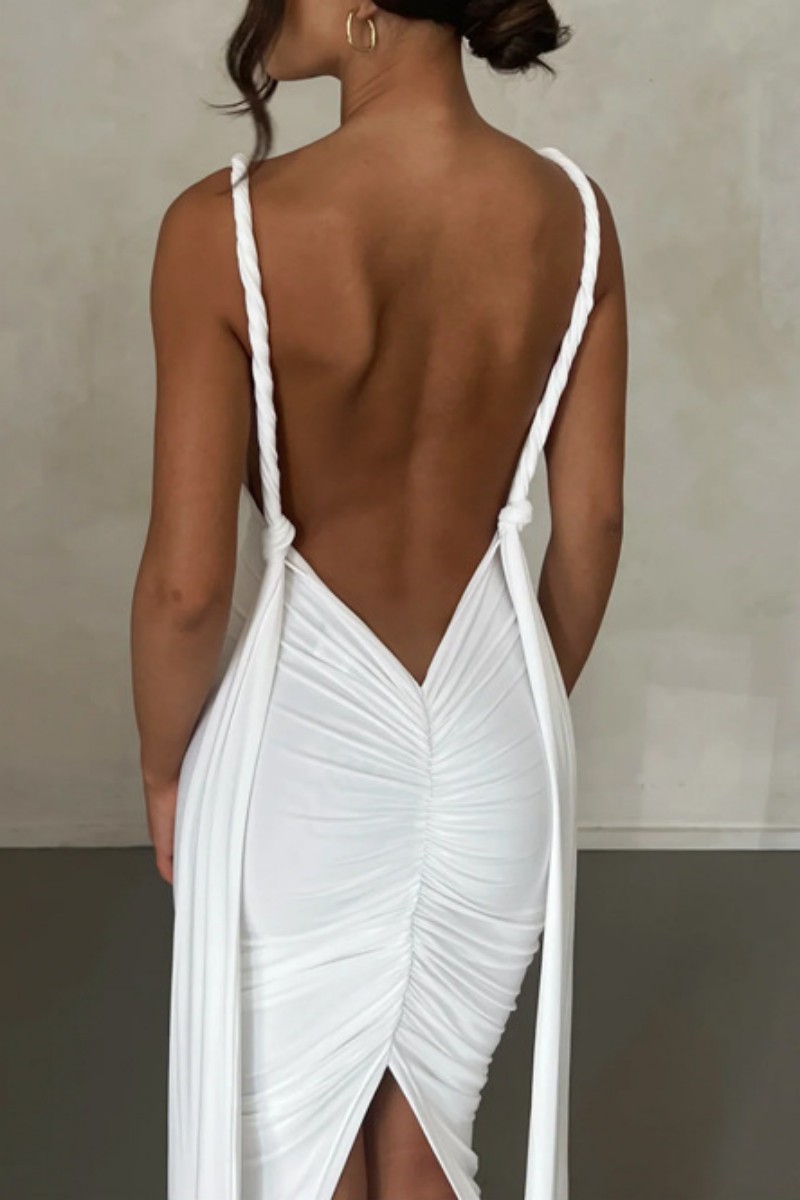 Sexy Simplicity Solid Backless Slit Halter Wrapped Skirt Dresses