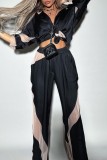 Blue Casual Patchwork See-through Contrast Turndown Collar Long Sleeve Two Pieces