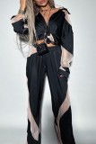 Black Casual Patchwork See-through Contrast Turndown Collar Long Sleeve Two Pieces