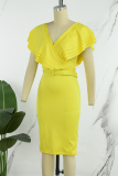 Yellow Casual Solid Patchwork With Belt V Neck Short Sleeve Dress Dresses