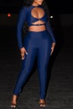 Blue Sexy Casual Solid Hollowed Out O Neck Long Sleeve Two Pieces