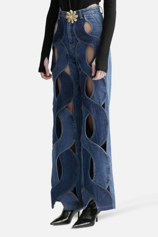 Casual Patchwork Contrast High Waist Denim Jeans