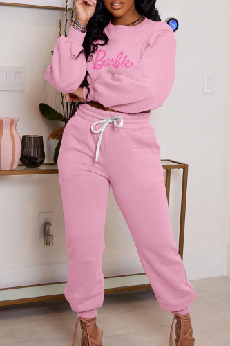 Pink Casual Letter Hot Drilling Patchwork O Neck Long Sleeve Two Pieces