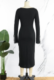 Black Sexy Street Solid Patchwork Slit Zipper Square Collar Long Sleeve Dresses