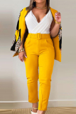 Yellow Elegant Print Patchwork With Belt Turn-back Collar Long Sleeve Two Pieces