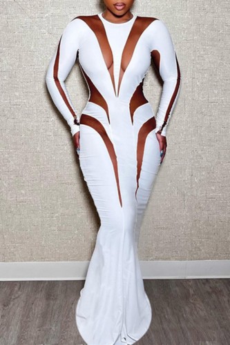 White Sexy Patchwork See-through O Neck Long Dress Dresses