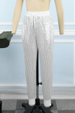 Champagne Casual Patchwork Sequins Regular High Waist Conventional Patchwork Trousers