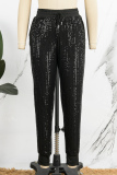 White Casual Patchwork Sequins Regular High Waist Conventional Patchwork Trousers