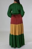 Multicolor Casual Patchwork Contrast V Neck Long Dress Dresses