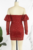 Red Sexy Party Patchwork The stars Backless V Neck Long Sleeve Dresses