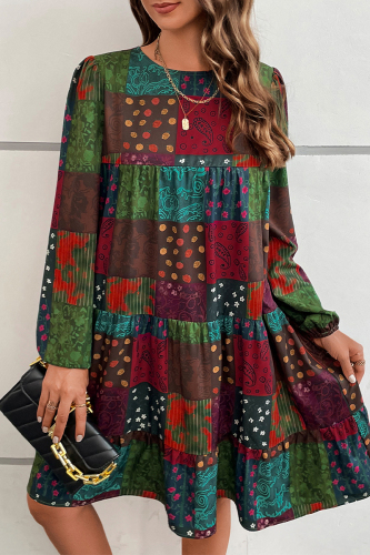 Burgundy Bohemian College Print Patchwork O Neck Cake Skirt Dresses