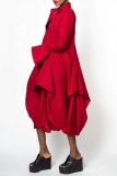 Red Casual Solid Patchwork Mandarin Collar Long Sleeve Dresses