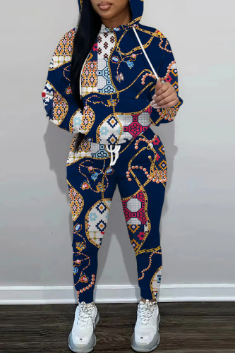 Tibetan Blue Casual Print Patchwork Hooded Collar Long Sleeve Two Pieces
