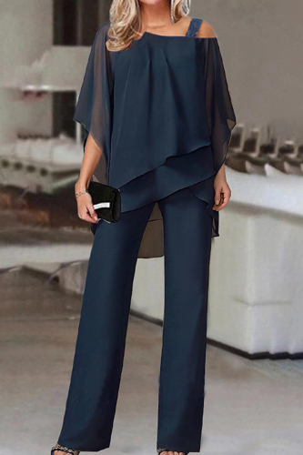 Navy Casual Solid Patchwork Oblique Collar Two Pieces