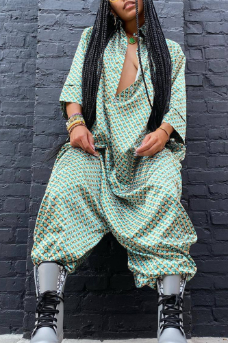 Green Street Print Buttons V Neck Loose Jumpsuits