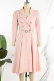 Pink Casual Solid Patchwork Turndown Collar Long Sleeve Dresses