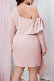 Pink Casual Solid Patchwork Asymmetrical Oblique Collar Long Sleeve Plus Size Dresses