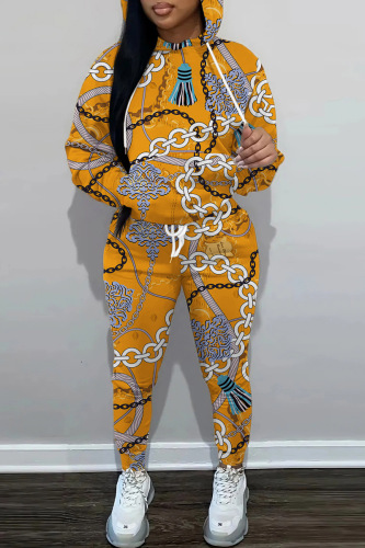 Earth Yellow Casual Print Patchwork Hooded Collar Long Sleeve Two Pieces