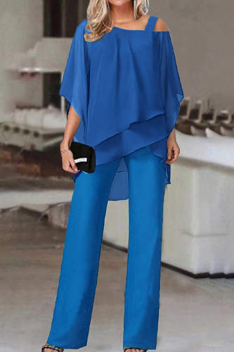 Royal Blue Casual Solid Patchwork Oblique Collar Two Pieces