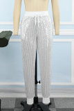 Champagne Casual Patchwork Sequins Regular High Waist Conventional Patchwork Trousers