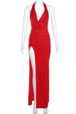 Red Sexy Solid Backless Slit Halter Long Dress Dresses