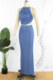 Blue Sexy Casual Solid Bandage Backless O Neck Sleeveless Two Pieces